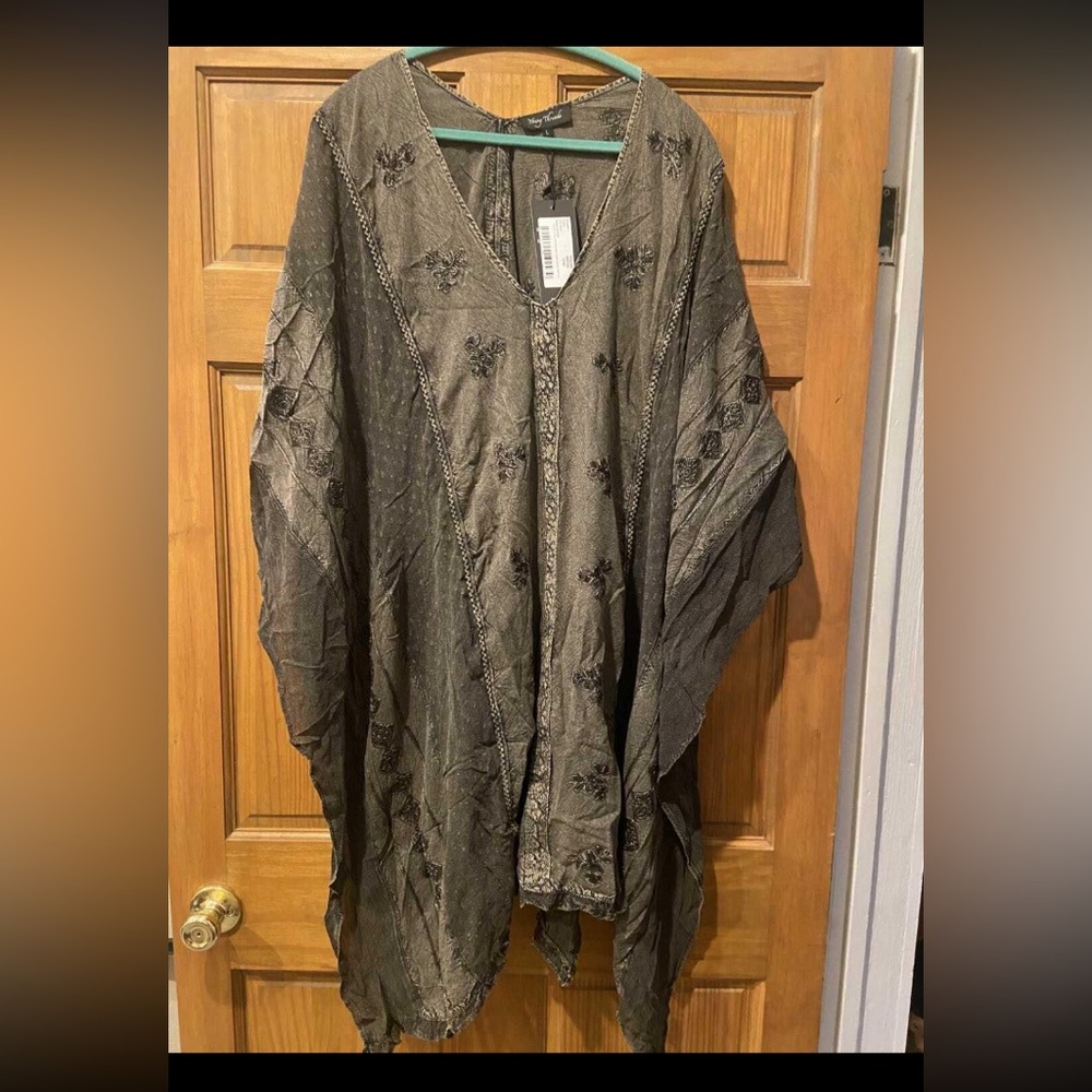 Sz L -3x oversized boho washed  Black Embroidered poncho